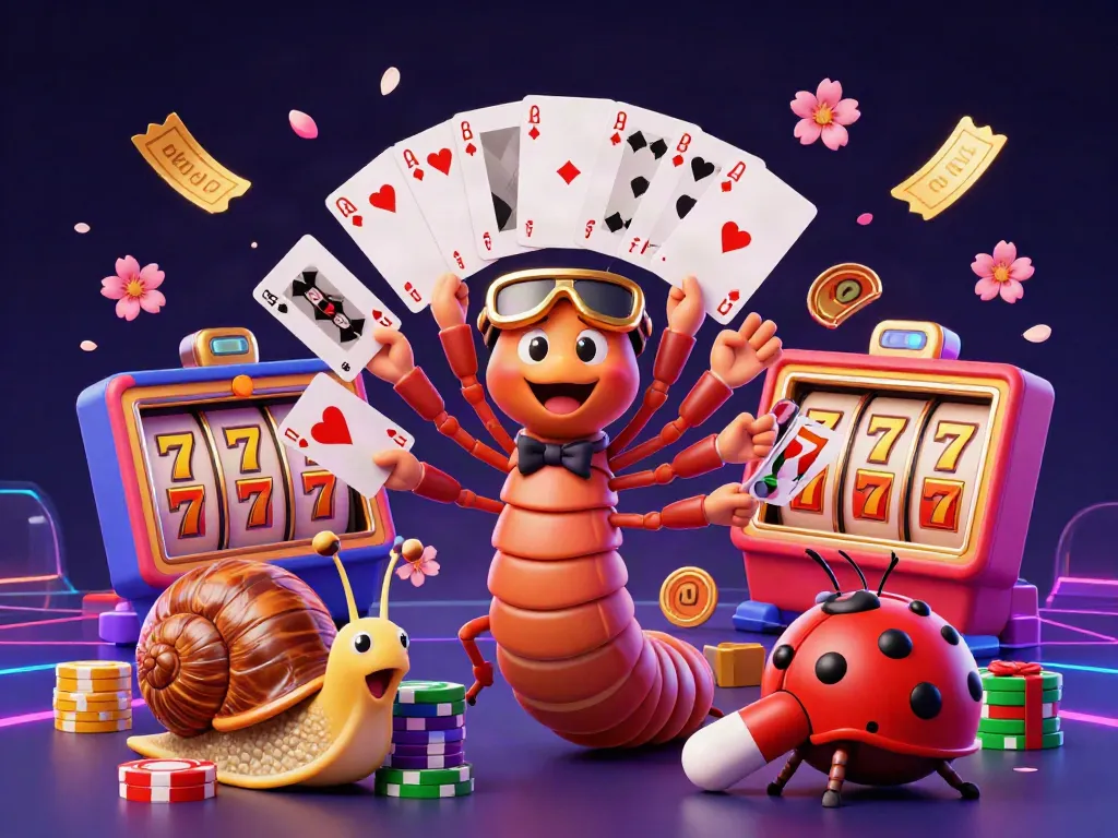 Experience the casino excitement with a cartoon dealer and whimsical characters surrounded by slot game elements.