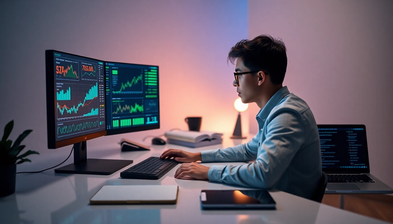 Infosec-focused developer analyzing financial data on dual monitors in a modern workspace.
