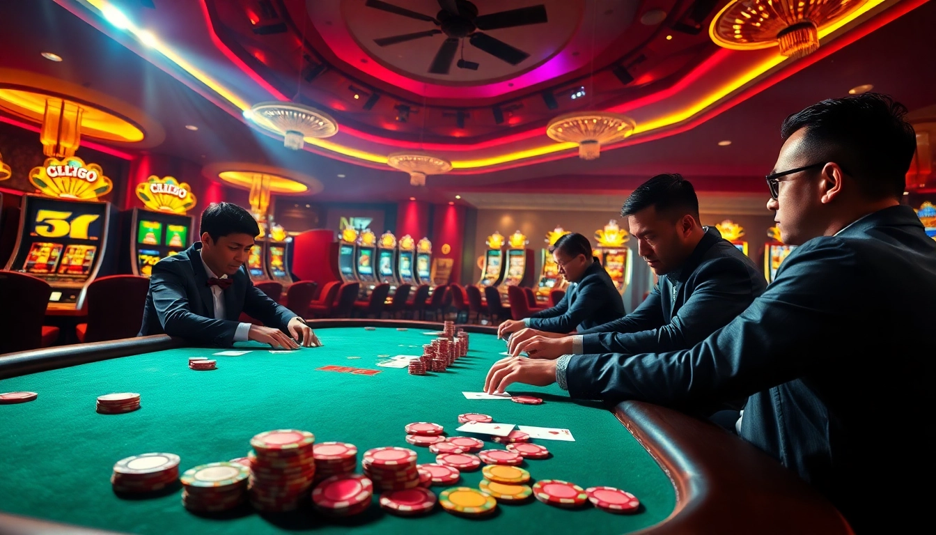 NK88 poker table scene with engaged players, vibrant chips, and thrilling casino atmosphere.