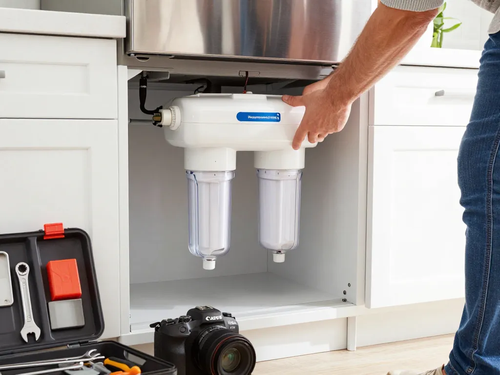 Installing Waterspecialist Replacement for GE® RPWFE® water filter in a bright kitchen.