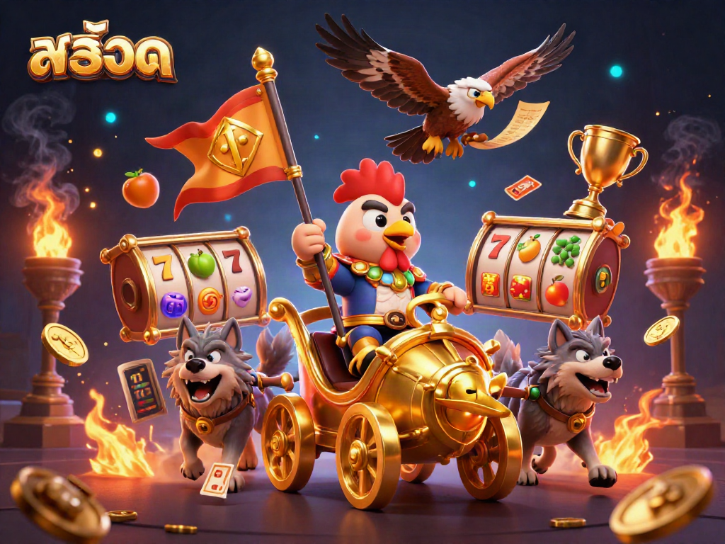 Experience thrillingสล็อต action with a dynamic scene featuring a golden chariot and casino elements.