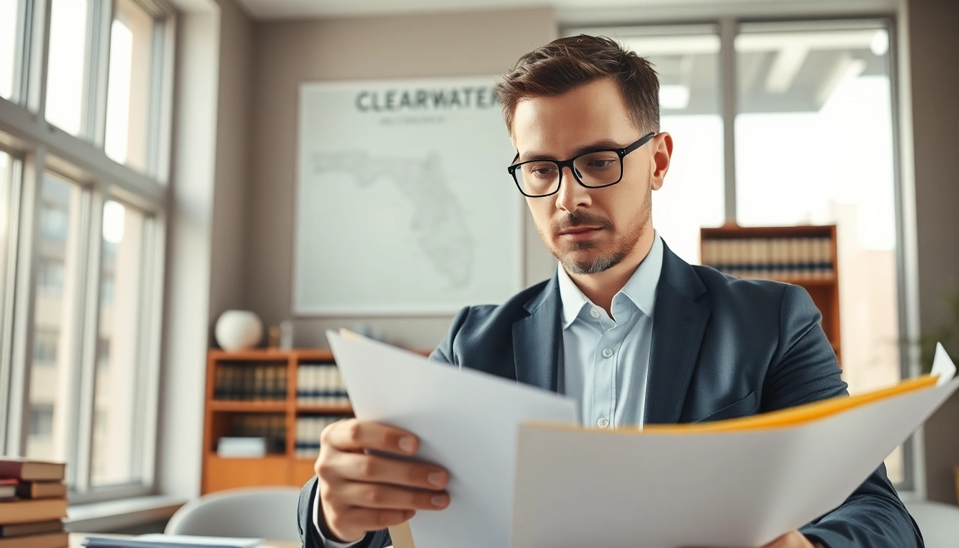 Truck accident attorney Clearwater assessing critical case documents in an inviting office.