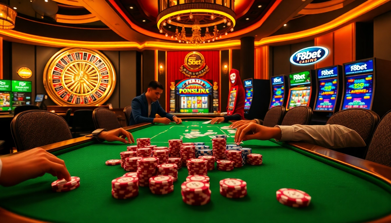F8bet poker scene with vibrant chips and cards in a luxurious casino setting