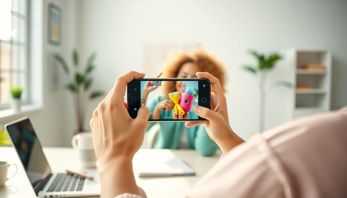 Engaging influencer monetizing Instagram stories link in a vibrant workspace setup.