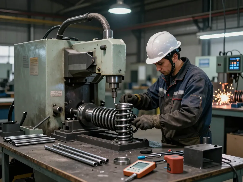 Fabricarea arcurilor elicoidale într-un atelier cu un tehnician la lucru.