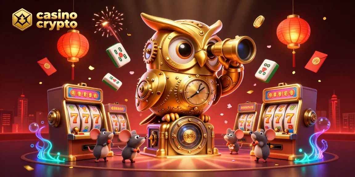 Venez découvrir le casino en ligne crypto avec une illustration animée d'une chouette dorée, machines à sous et décors de jeu.