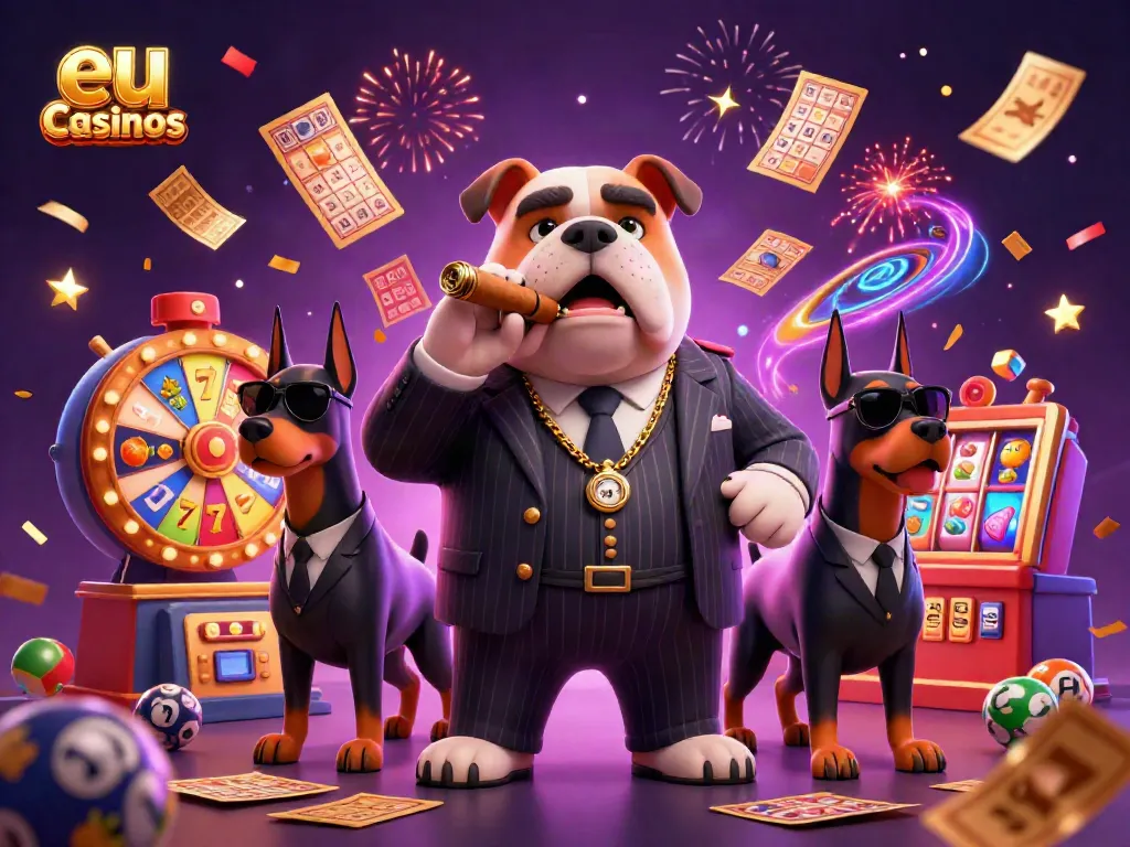 Experience thrilling eu casinos with a cartoon mafia bulldog, slot reels, and vibrant action.