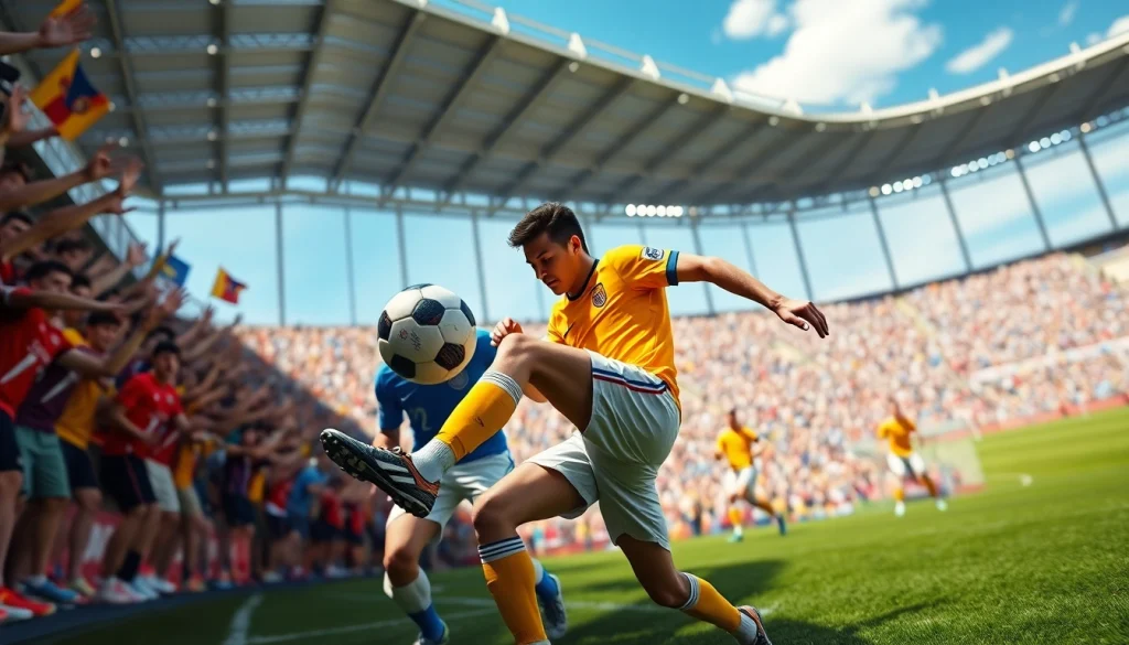 축구중계가 진행 중인 스테디움의 선수들이 활발히 경기를 펼치는 장면