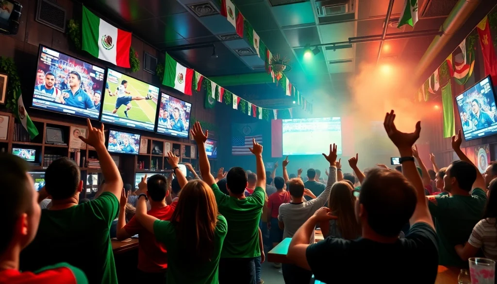 Fans enjoying sports betting in Mexico at a lively sports bar, celebrating with excitement.