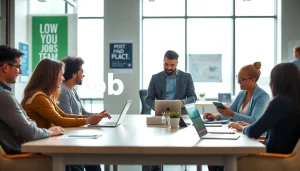 Engaging scene of a free job post chicago being discussed in a modern office, highlighting collaboration and technology.