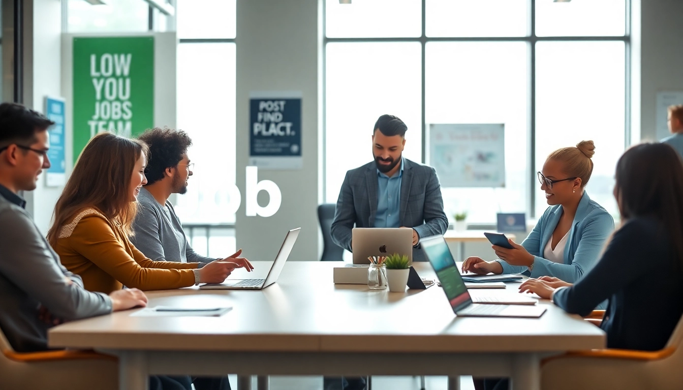 Engaging scene of a free job post chicago being discussed in a modern office, highlighting collaboration and technology.