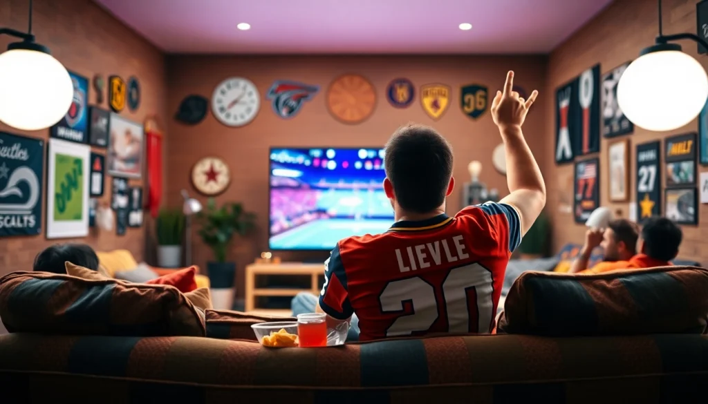 스포츠중계 중계를 즐기며 환호하는 팬의 모습, 생동감 넘치는 장면