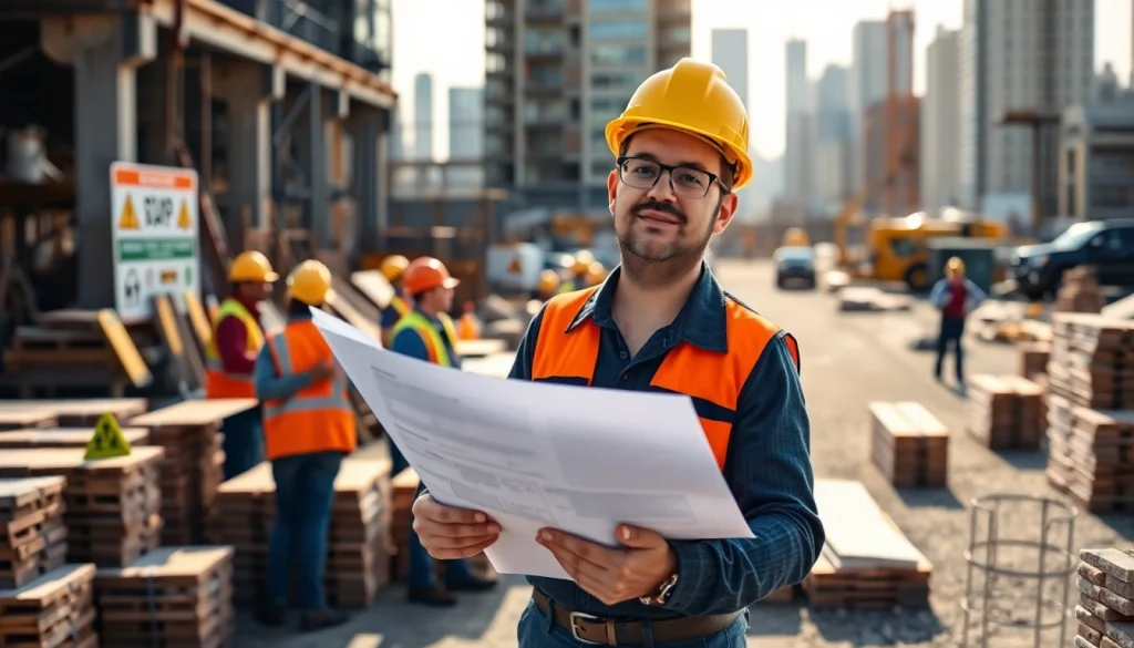 Manhattan General Contractor overseeing a construction site with blueprints and active workers.