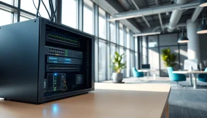 Visualize network infrastructure elements like routers and switches in a modern office.