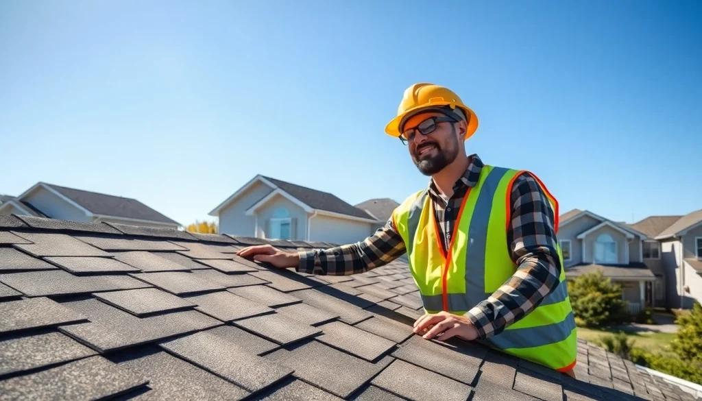 Highlighting reliable roofing services, a contractor inspects a roof in a sunny suburban setting.