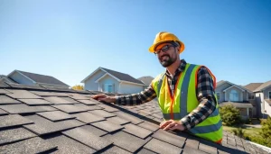 Highlighting reliable roofing services, a contractor inspects a roof in a sunny suburban setting.