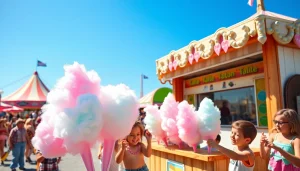 Geniet van kleurrijke wafel katoen in een levendige kermisatmosfeer.