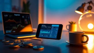 Crypto mining app displayed on a modern smartphone in a sleek office environment.