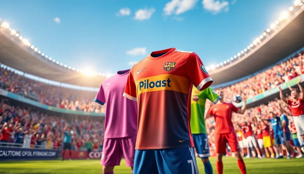 Showcasing a vibrant team kit in a lively soccer stadium, emphasizing energy and teamwork.