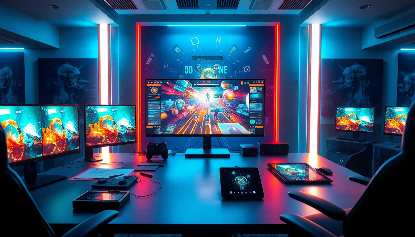 Create an engaging game using Freedom X tools in a bright and innovative development workspace.