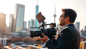 Showcase of oronto video production company working in a vibrant urban setting with a professional videographer.