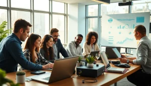 Team collaborating in a professional setting highlighting Business IT Solutions and technology innovation.