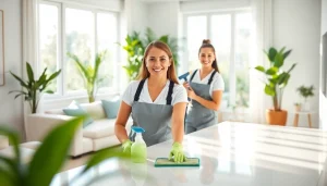 Cleaning Service team professionally tidying a bright home environment.