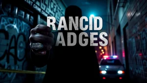 Engaging book cover for Rancid Badges featuring a detective in a dark alley.