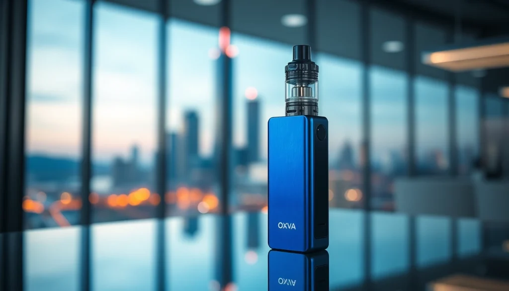 Oxva Dampfgerät in moderner Umgebung, elegant und professionell beleuchtet.