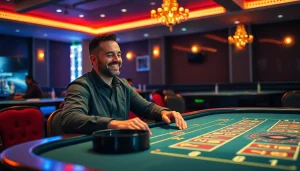 Interaja em um site confiável de apostas com emoções de cassino e alegria visível no jogador.