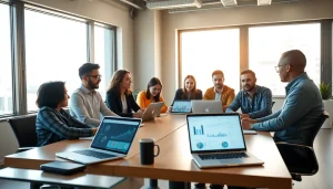 Engaged team analyzing competitive intelligence data in a modern workspace.