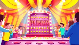 Permainan plinko yang berwarna-warni di papan dengan kerumunan bersemangat.