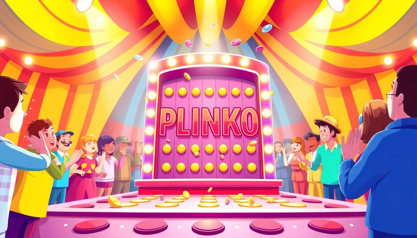 Permainan plinko yang berwarna-warni di papan dengan kerumunan bersemangat.