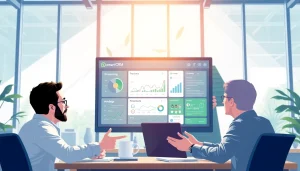 Utilizing WhatsApp Smart CRM, business team collaborates through a digital dashboard showcasing analytics.