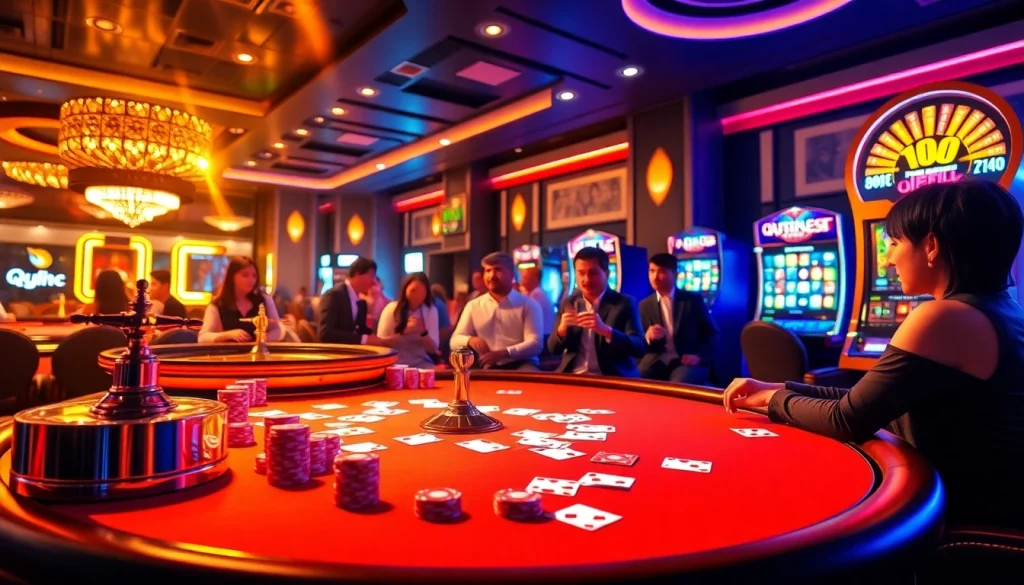Players engaging with exciting casino games at QQ88, showcasing vibrant poker chips and roulette wheels.