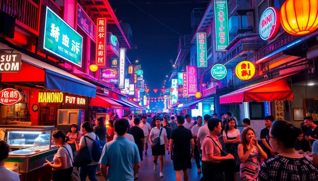 Experience 하노이밤문화 with vibrant nightlife scenes in Hanoi, showcasing lively bars and street food.