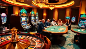 Experience thrilling casino action at https://f168.today/ with vibrant slot machines and a roulette wheel.
