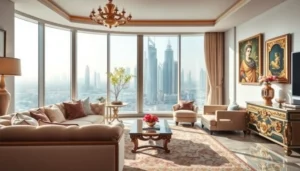 Explore interior design dubai in a luxurious apartment showcasing elegant furnishings and stunning skyline views.