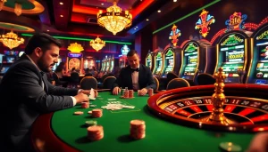 Engaging players at a poker table with vibrant chips and cards highlighting https://ok8386a.com/ gaming excitement.