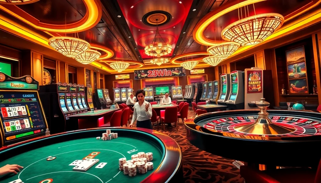 Dynamic casino scene depicting players winning at 23win with poker tables and slot machines.