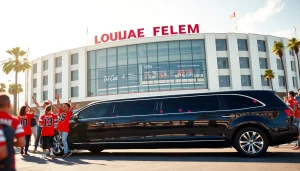 World Cup Group Transportation in a luxurious limousine at an LA stadium, surrounded by excited fans in jerseys.