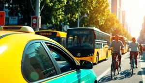Transportation scene showing a busy urban setting with various vehicles in action.