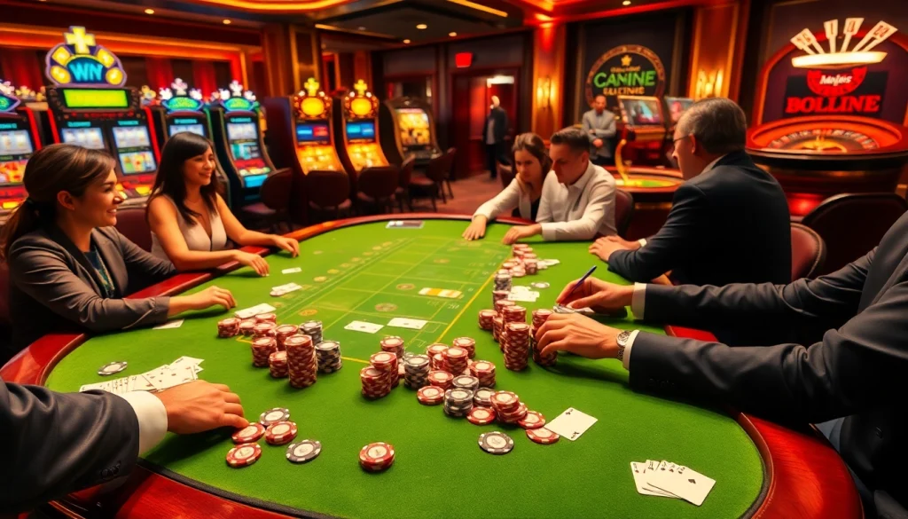 F168 players enjoying a thrilling poker game with colorful chips and vibrant casino backdrop.