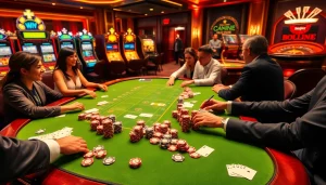 F168 players enjoying a thrilling poker game with colorful chips and vibrant casino backdrop.