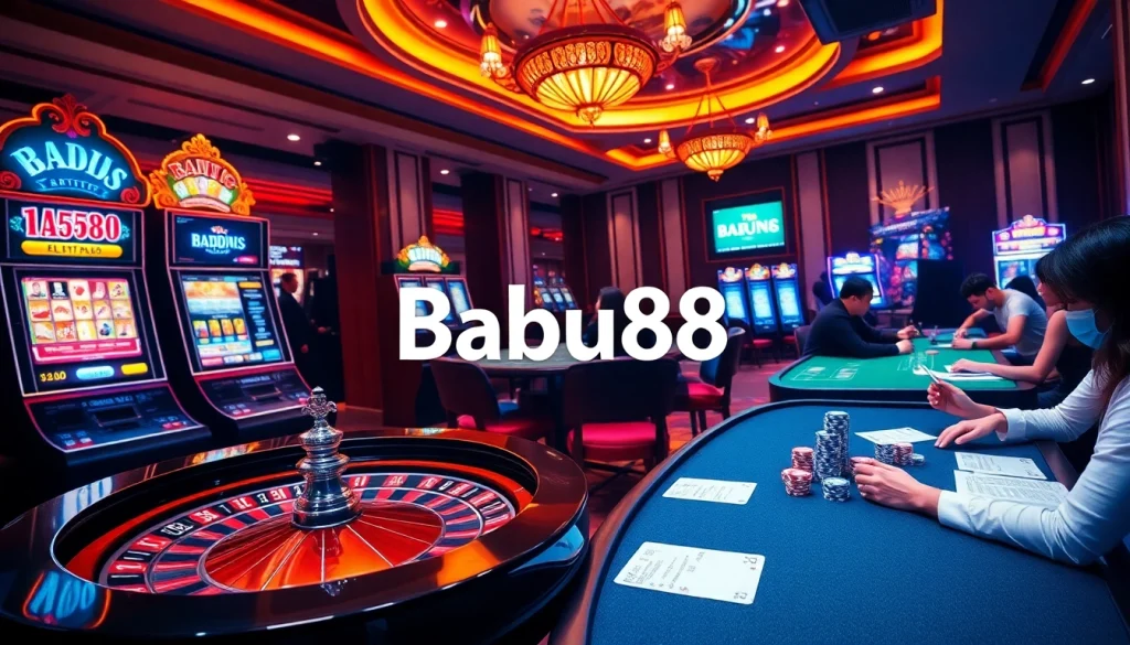 Engage with high-stakes play at Babu88's vibrant digital casino, featuring slot machines and poker tables.