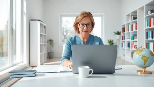 Traducteur professionnel au travail avec des documents, symbolisant les services de traducteur assermenté en ligne.