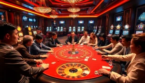 Experience excitement at a poker table with "Nếu như vậy bám vào đây" as players strategize and place bets.