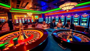 Intense players at W88 link engaging in thrilling poker games amidst a vibrant casino atmosphere.