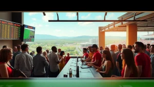 Exciting atmosphere of sports betting sites South Carolina with diverse bettors and digital boards.