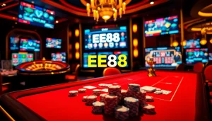 EE88 casino scene depicting players engaged at luxurious gaming tables with vibrant atmosphere
